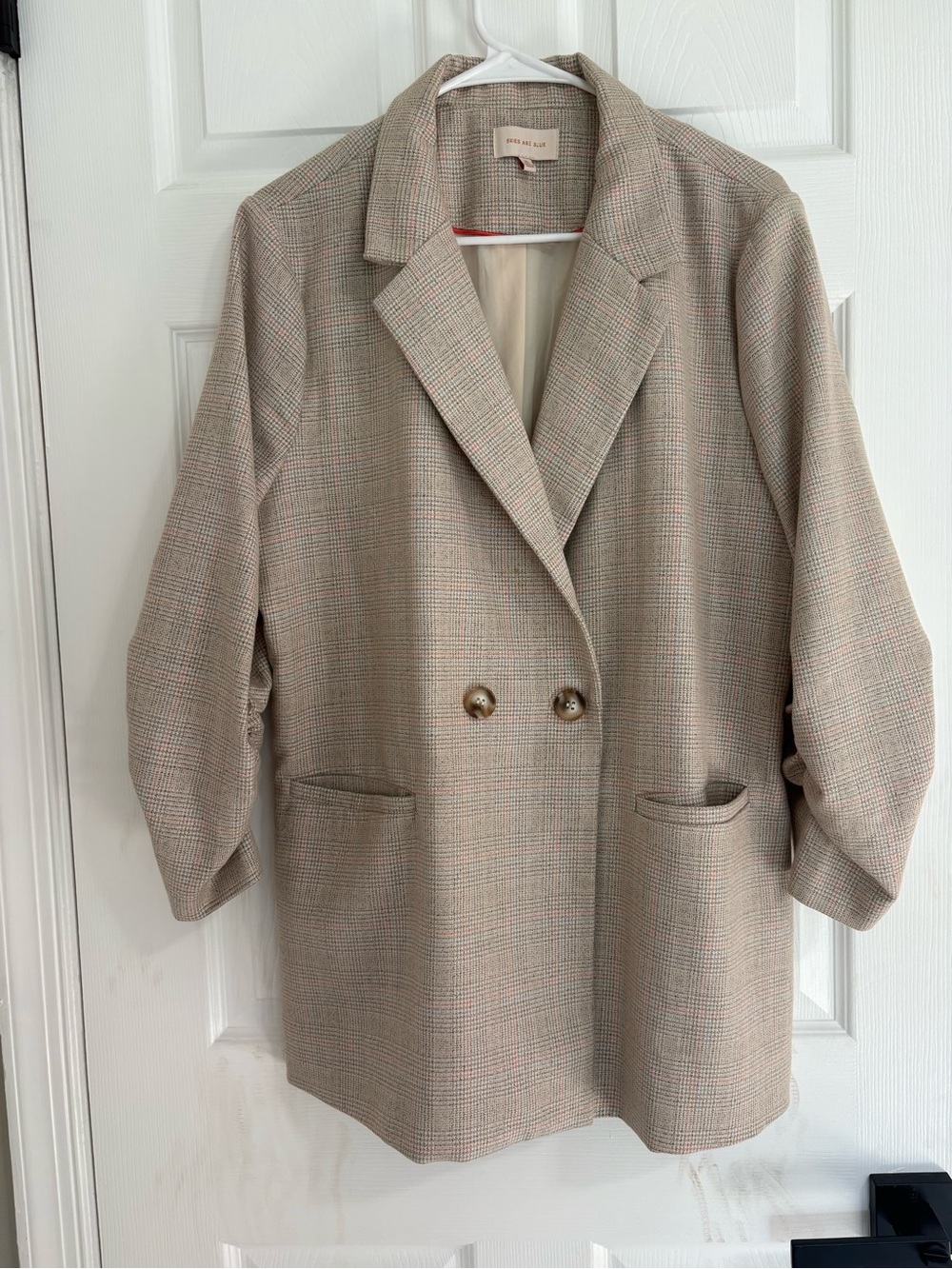 Skies Are Blue Cream Plaid Double-Breasted Blazer